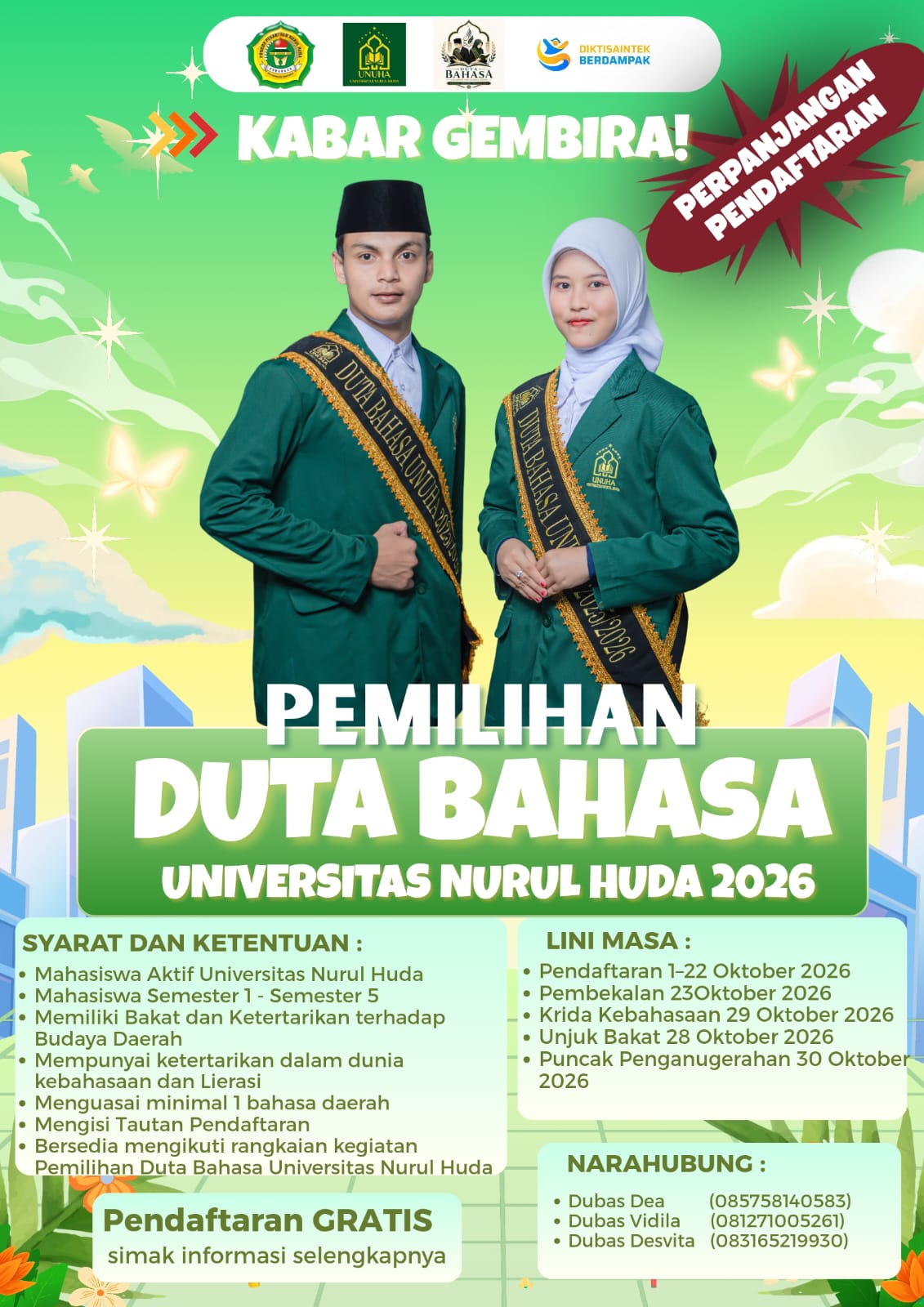 Pendaftaran Pemilihan Duta Bahasa Universitas Nurul Huda 2026 Diperpanjang