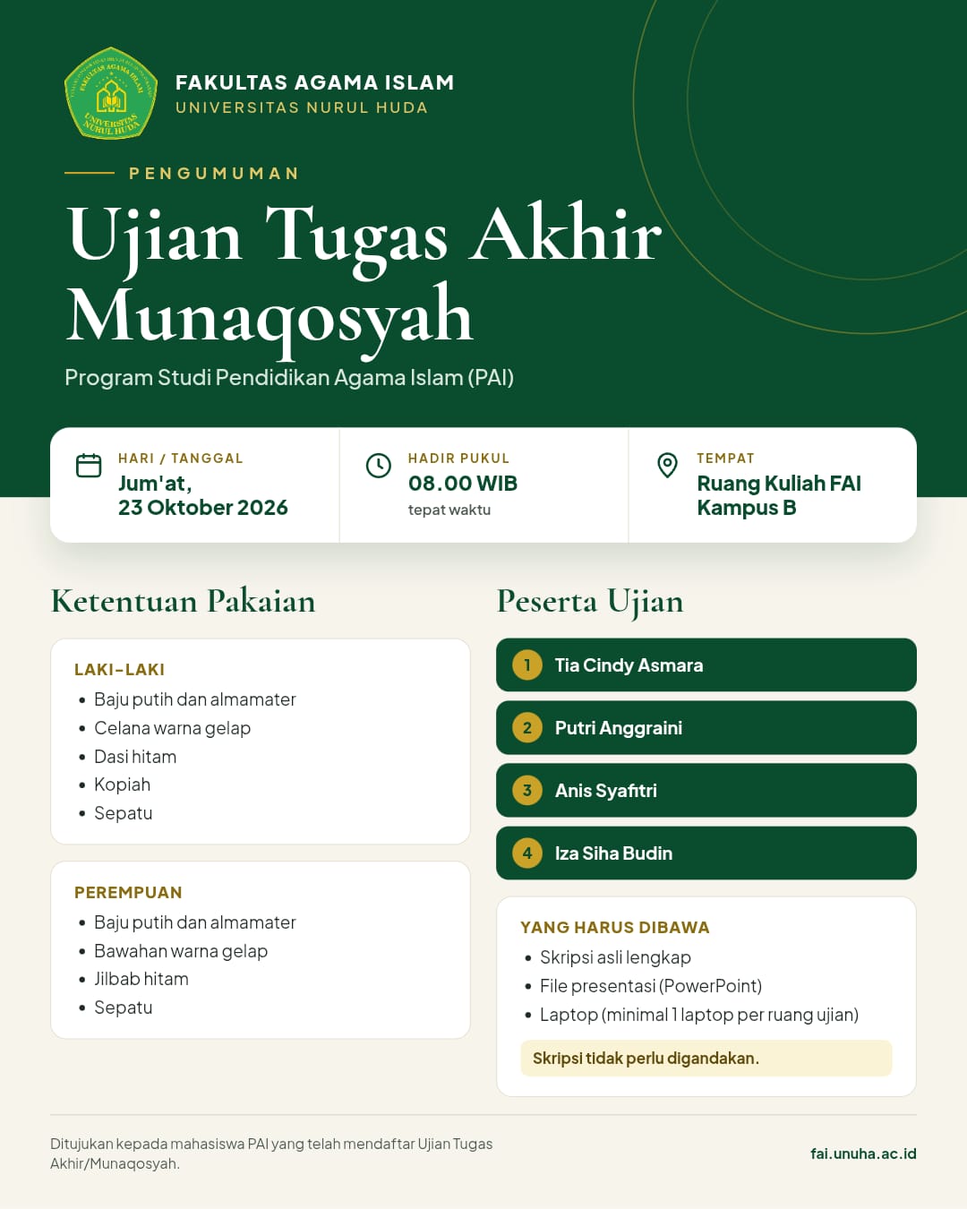 Fakultas Agama Islam UNUHA Gelar Ujian Munaqosyah Program Studi PAI, Jumat 23 Oktober 2026